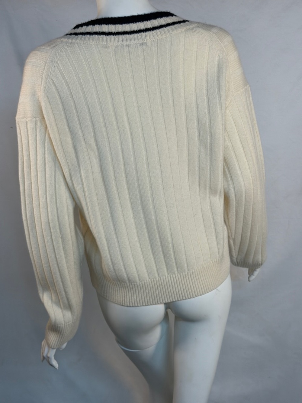 White + Warren Cream V-Neck Sweater with Navy Double-Stripe Trim - Picture 6 of 8